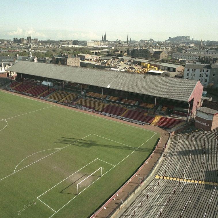 Elevated view of Main East Stand from southwest, Heart of Midlothian